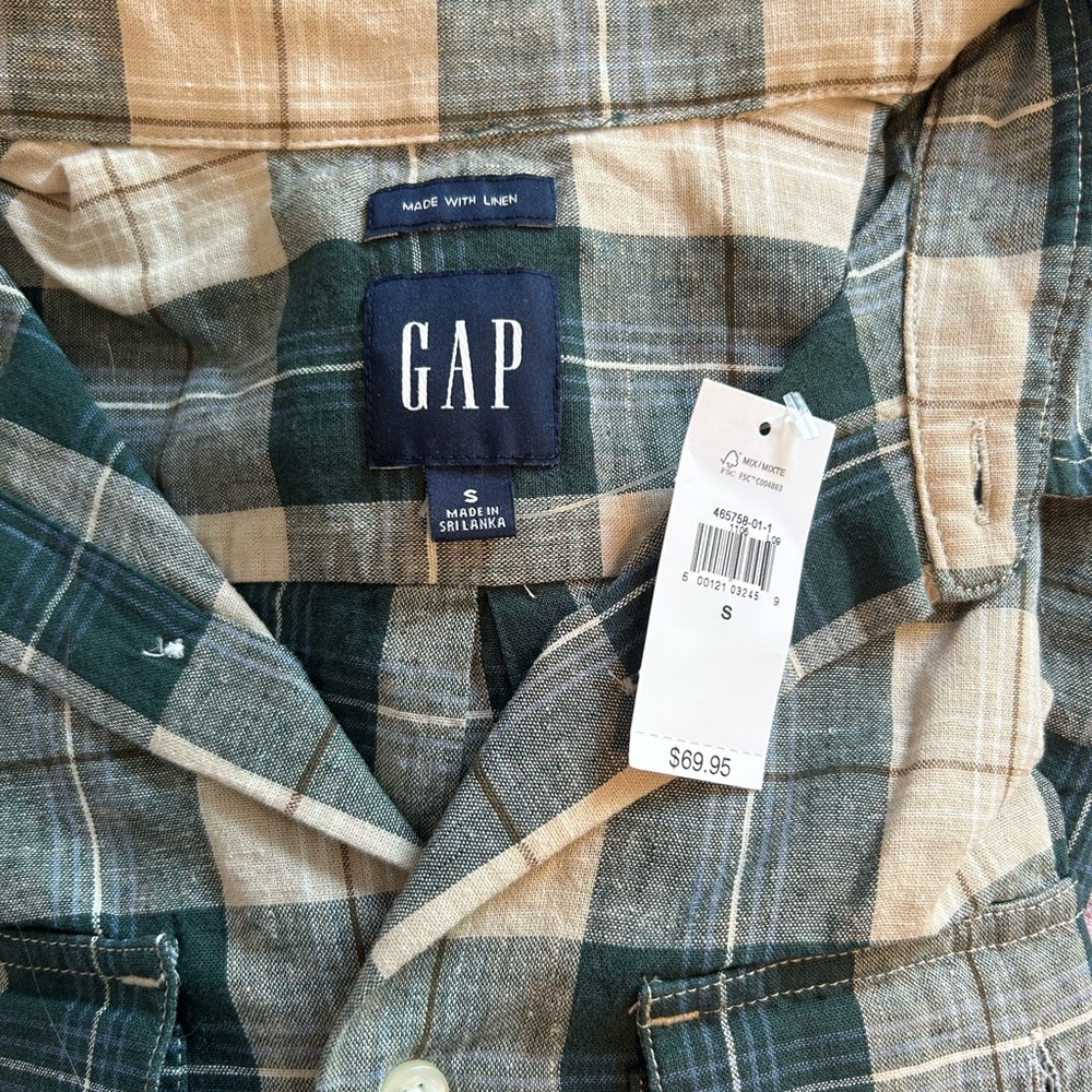 GAP Linen Plaid Shirt in Green and Tan